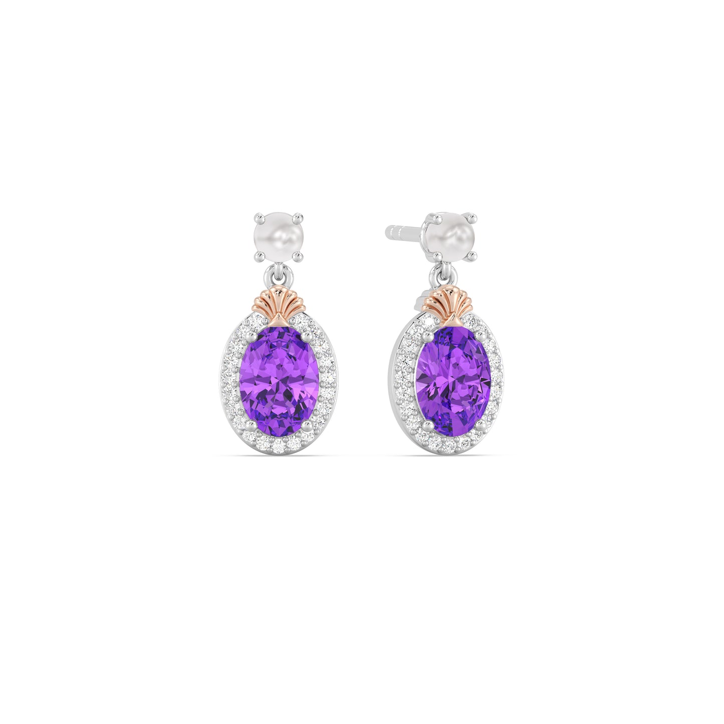 Enchanted Disney Fine Jewelry 14K Rose Gold over Sterling Silver with 1/8 CTTW Diamonds Amethyst and White Pearl Ariel Earrings