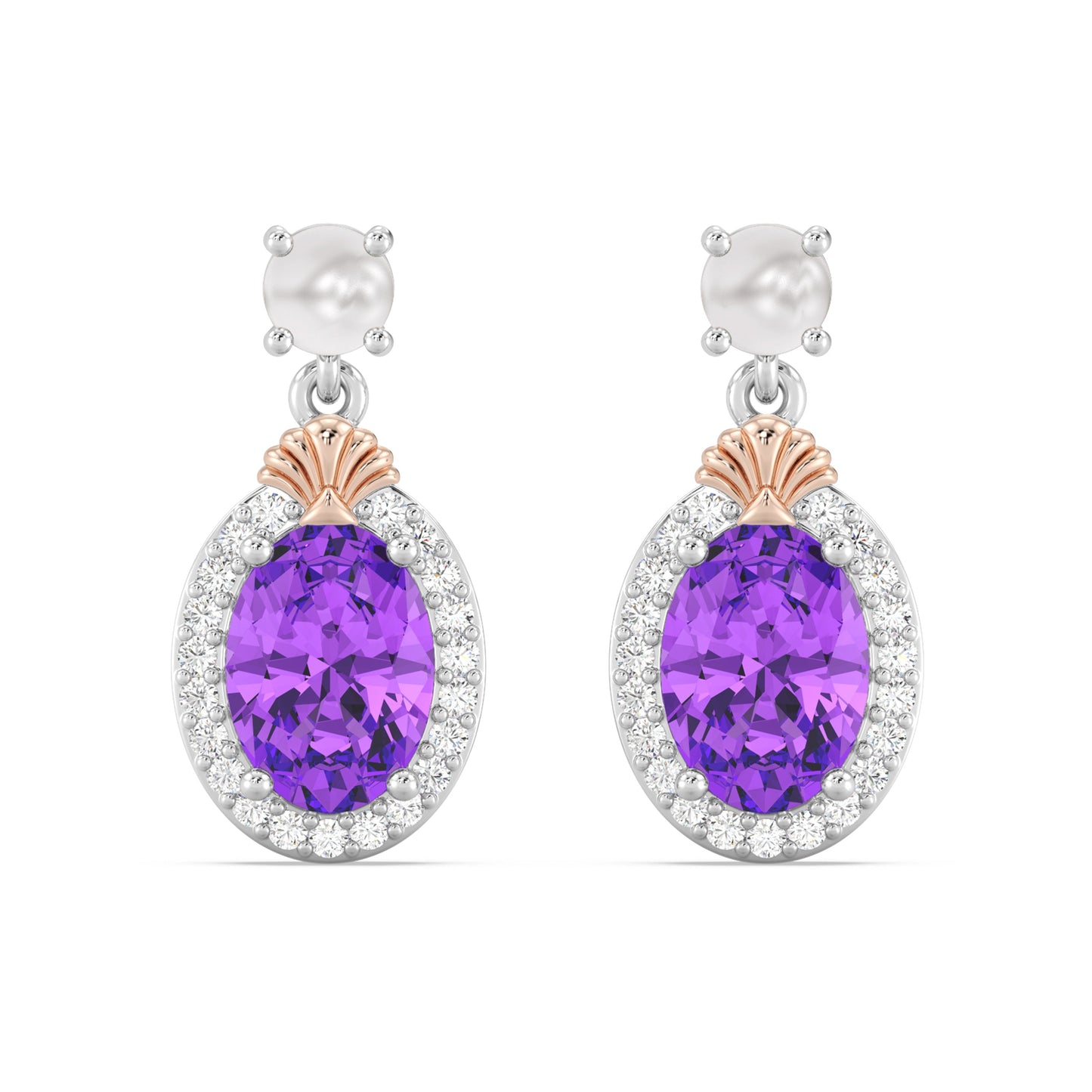 Enchanted Disney Fine Jewelry Sterling Silver, 14K Pink Gold Plating and Black Rhodium with 1/8 CTTW Diamonds, Amethyst and White Pearl, Disney Princess Ariel Earrings