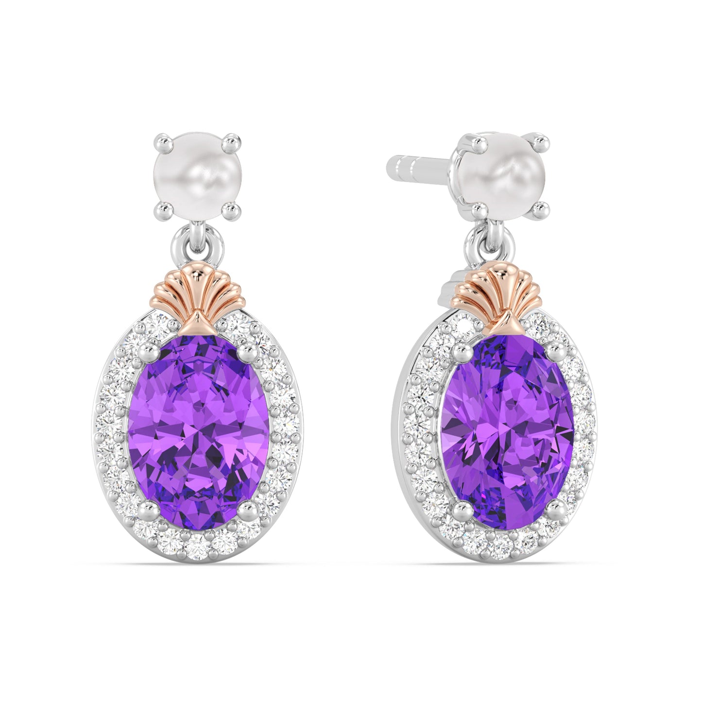 Enchanted Disney Fine Jewelry Sterling Silver, 14K Pink Gold Plating and Black Rhodium with 1/8 CTTW Diamonds, Amethyst and White Pearl, Disney Princess Ariel Earrings
