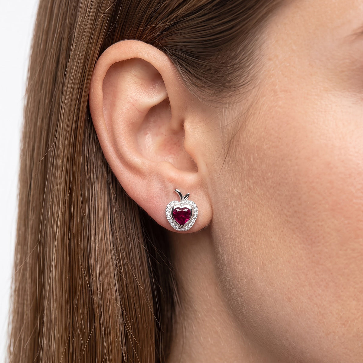 Enchanted Disney Fine Jewelry Sterling Silver with 1/10 CTTW Diamonds and Lab Grown Ruby Snow White Earrings