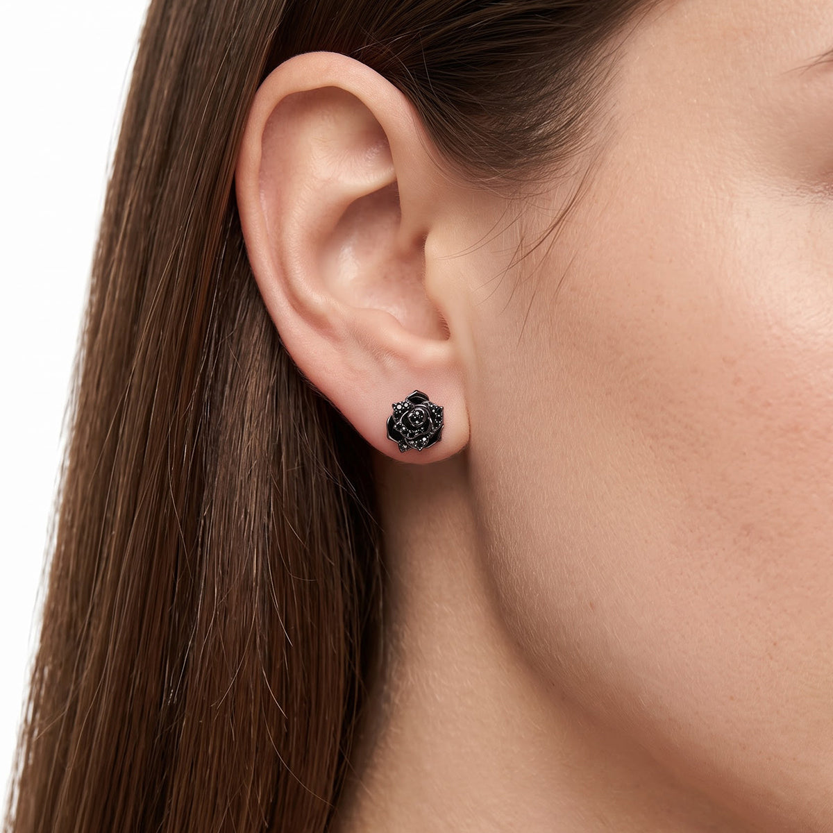 Enchanted Disney Fine Jewelry Black Rhodium Over Sterling Silver with 1/4 CTTW Black Diamonds Maleficent Rose Earrings