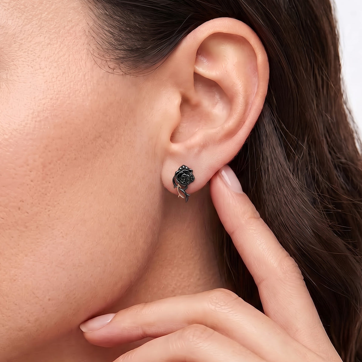 Enchanted Disney Fine Jewelry Black Rhodium Over Sterling Silver and 10K Rose Gold with 1/6 CTTW Black Diamonds Maleficent Rose Earrings