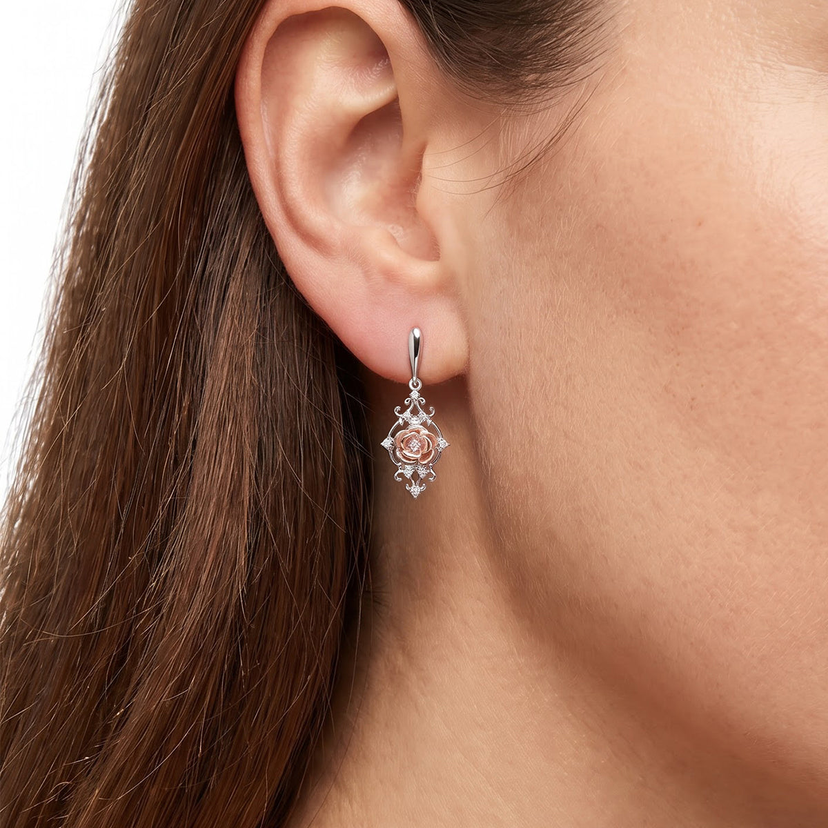 Enchanted Disney Fine Jewelry 14K Rose Gold Over Sterling Silver with 1/10 CTTW Diamonds Belle Earrings