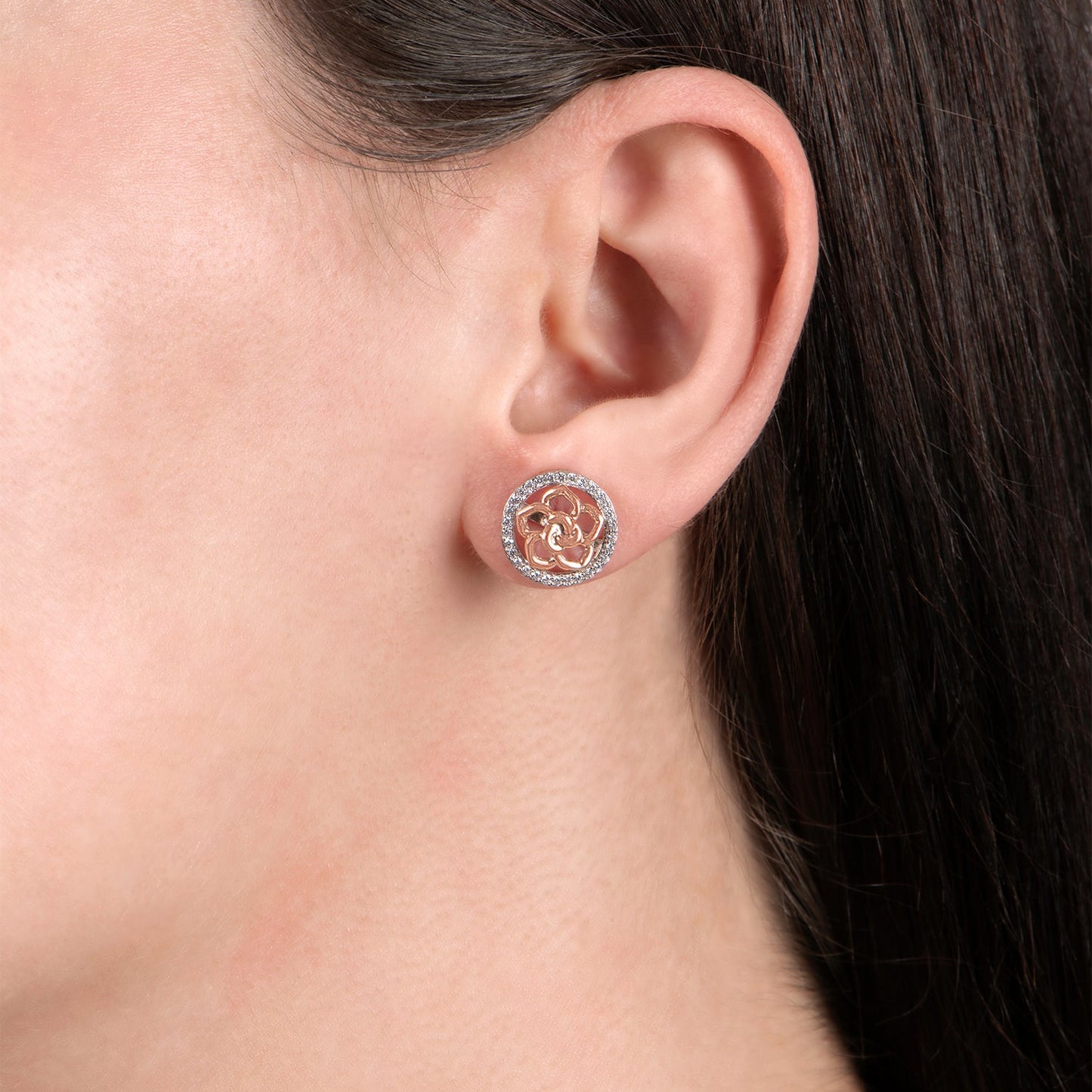 Enchanted Disney Fine Jewelry 14K Rose Gold Over Sterling Silver 1/4 CTTW Natural White Round Diamond Belle Stud Earrings