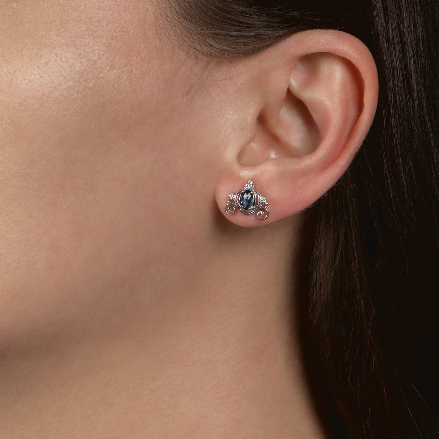 Enchanted Disney Fine Jewelry Sterling Silver 1/20 CTTW Diamond and London Blue Topaz Cinderella Earrings