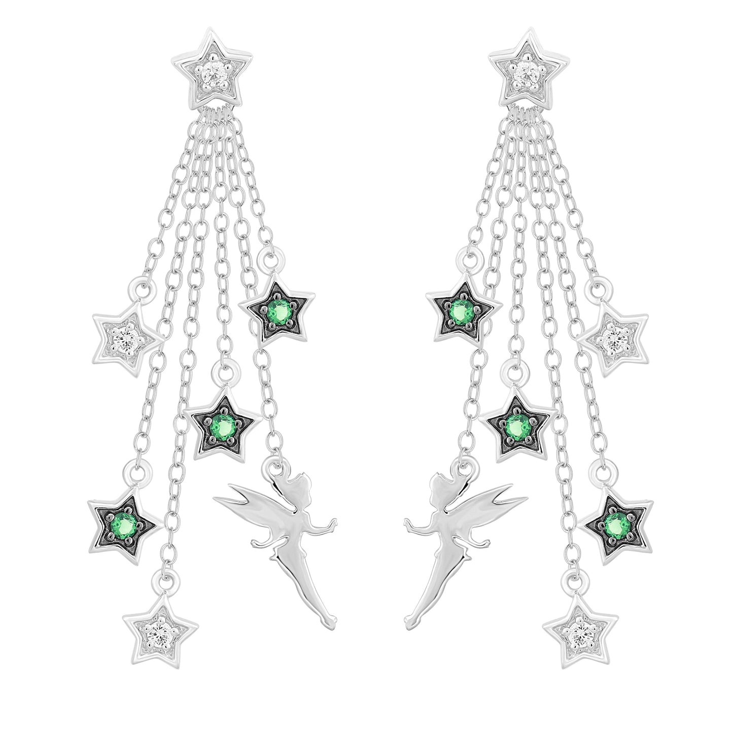 Enchanted Disney Fine Jewelry Sterling Silver with 1/6 CTTW Diamonds and Green Tourmaline Tinker Bell Earrings