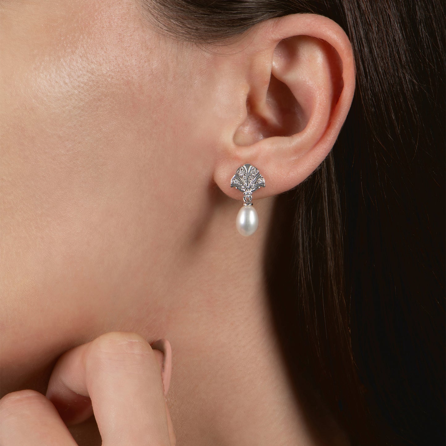 Enchanted Disney Fine Jewelry Sterling Silver with 1/10 CTTW Diamond and White Pearl Ariel Shell Fashion Earrings