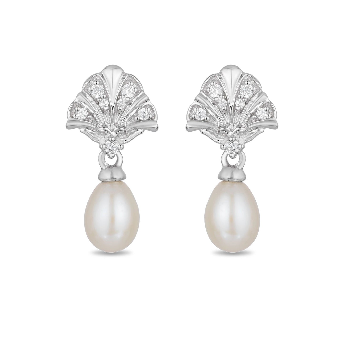 Enchanted Disney Fine Jewelry Sterling Silver with 1/10 CTTW Diamond and White Pearl Ariel Shell Fashion Earrings