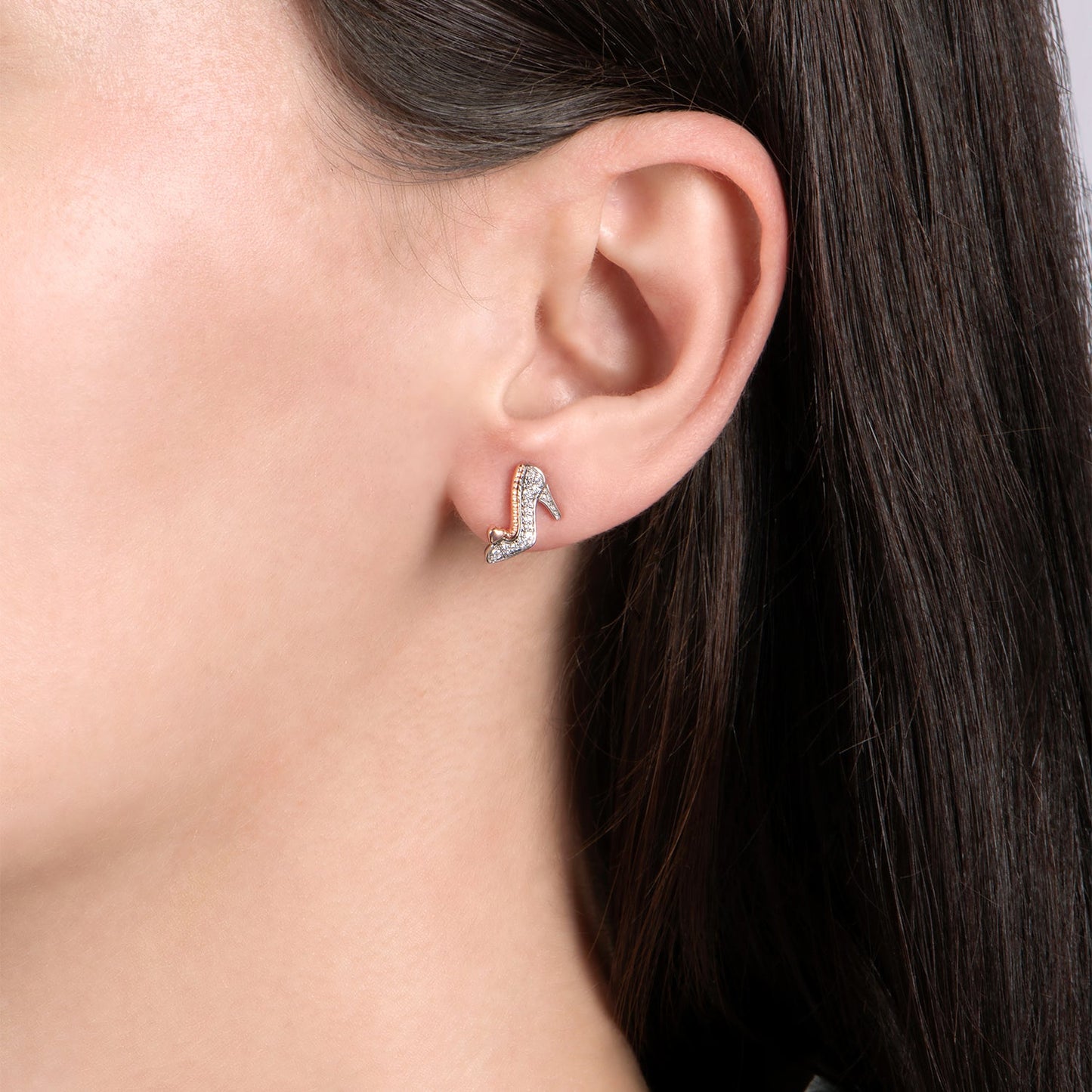 Enchanted Disney Fine Jewelry Sterling Silver and 10K Rose Gold with 1/10 CTTW Diamond Cinderella Slipper Earrings