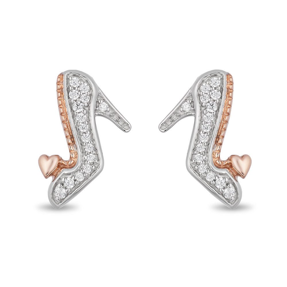 Enchanted Disney Fine Jewelry Sterling Silver and 10K Rose Gold with 1/10 CTTW Diamond Cinderella Slipper Earrings