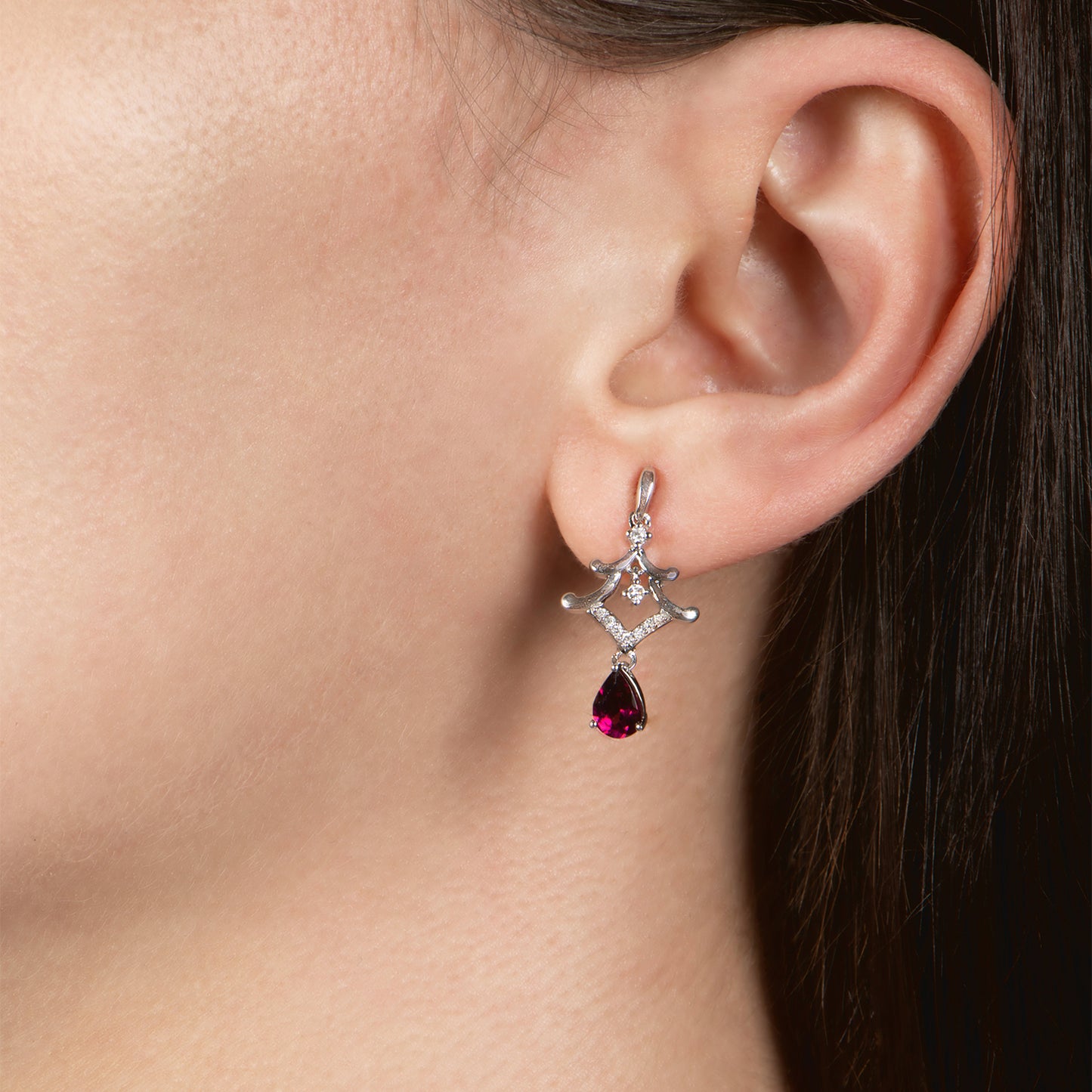 Enchanted Disney Fine Jewelry Sterling Silver with 1/10 CTTW Diamond and Rhodolite Garnet Mulan Pagoda Earrings