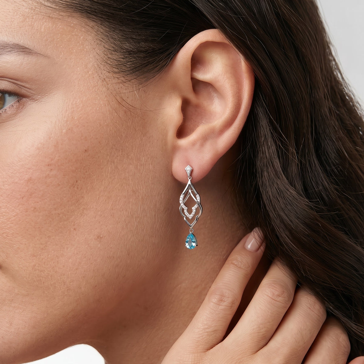 Enchanted Disney Fine Jewelry Sterling Silver with 1/10 CTTW Diamond and Swiss Blue Topaz Jasmine Earrings