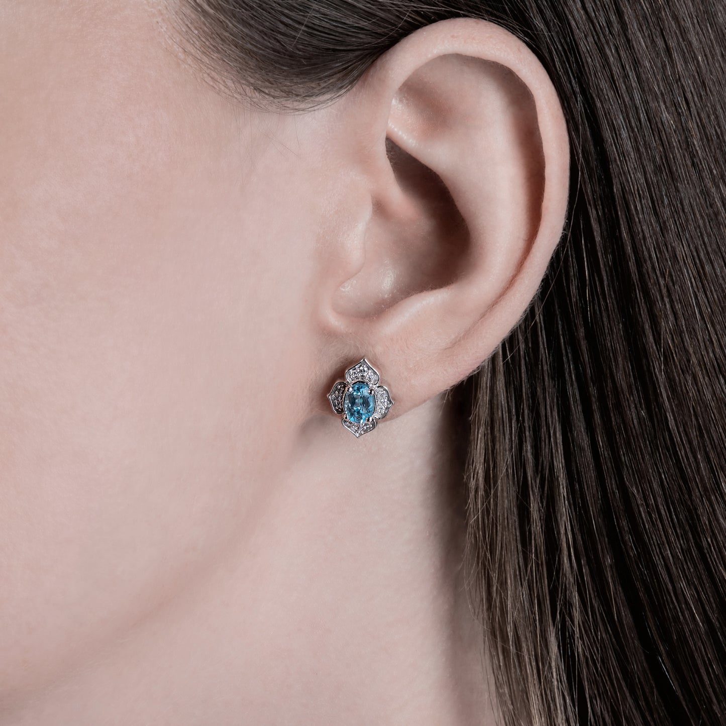 Enchanted Disney Fine Jewelry Sterling Silver 1/10 CTTW Diamond and Swiss Blue Topaz Jasmine Earring