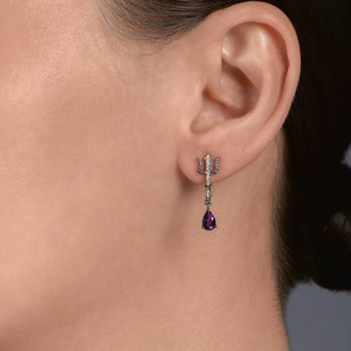 Enchanted Disney Fine Jewelry Black Rhodium over Sterling Silver with 1/20 CTTW White Diamond with Amethyst Ursula Earrings