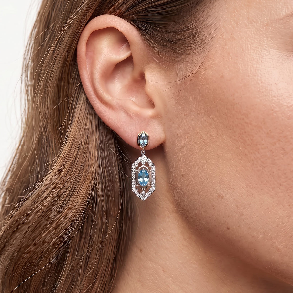 Enchanted Disney Fine Jewelry Sterling Silver and 10K Yellow Gold with 1/5 CTTW Diamond and Swiss Blue Topaz Jasmine Earrings