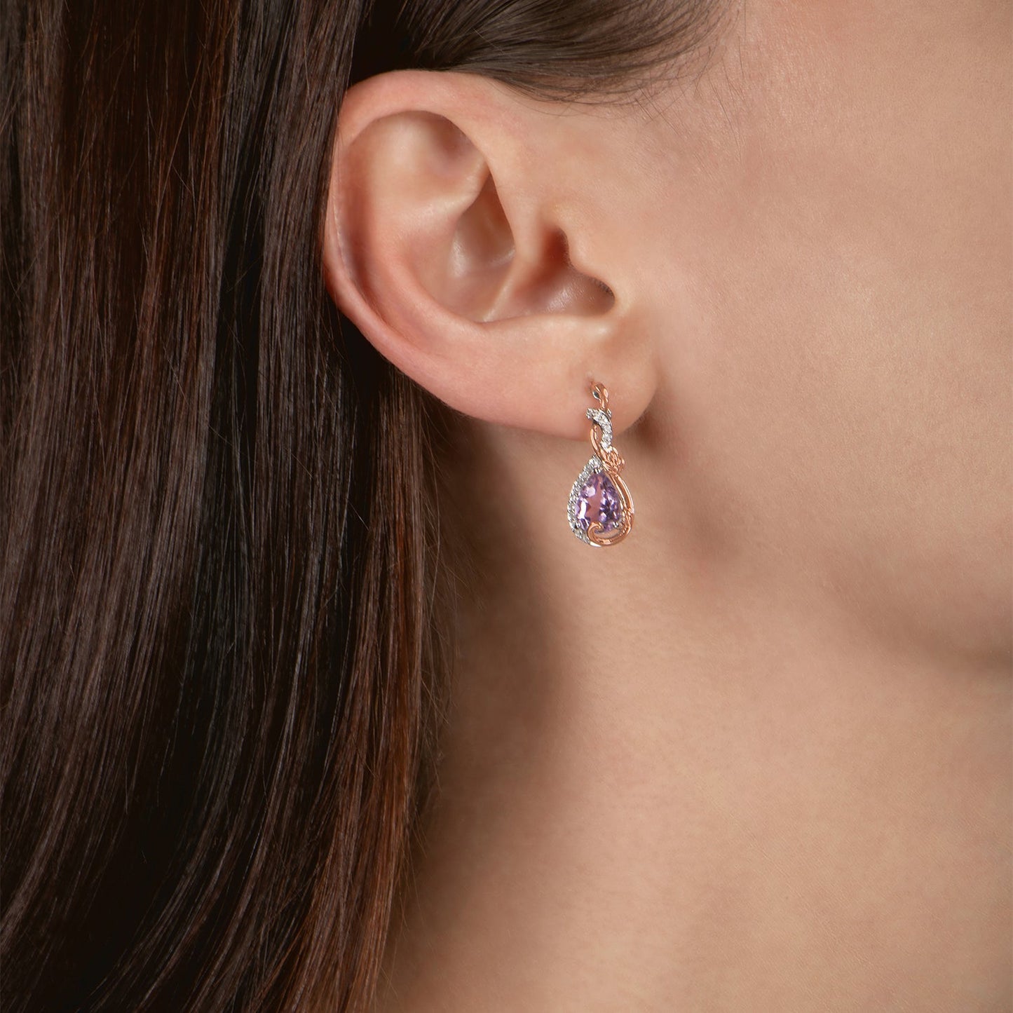 Enchanted Disney Fine Jewelry 14K Rose Gold over Sterling Silver with 1/10 CTTW Diamond and Rose De France Rapunzel Dangle Earrings