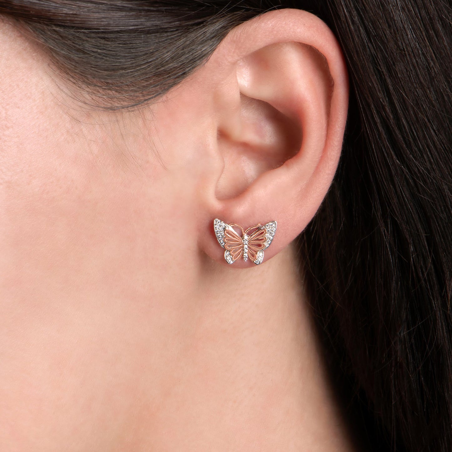 Enchanted Disney Fine Jewelry Sterling Silver and 10K Rose Gold 1/10 CTTW Natural White Round Diamond Mulan Butterfly Earrings