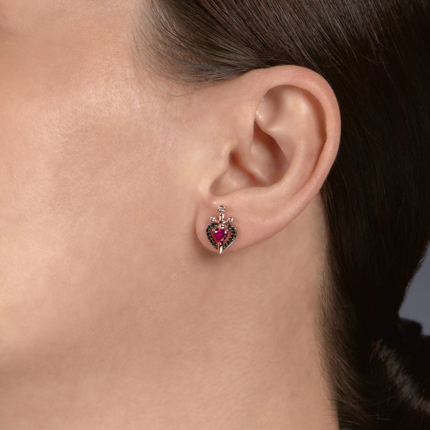 Enchanted Disney Fine Jewelry Sterling Silver and 10K Rose Gold 1/6 CTTW Black and White Diamond with Created Ruby Evil Queen Dagger Earrings