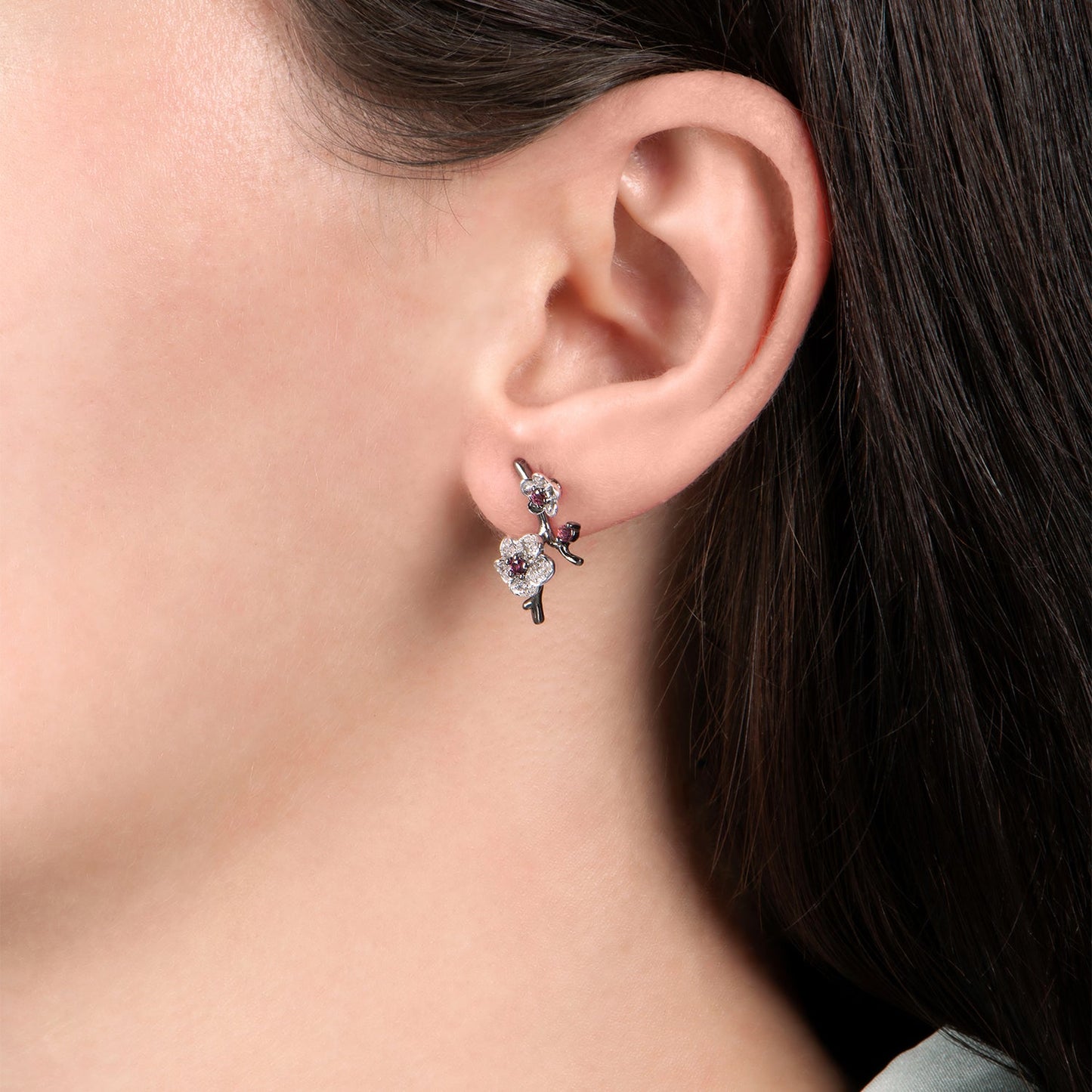 Enchanted Disney Fine Jewelry Black Rhodium Over Sterling Silver with Rhodolite Garnet and 1/8 CTTW Diamond Mulan Earrings