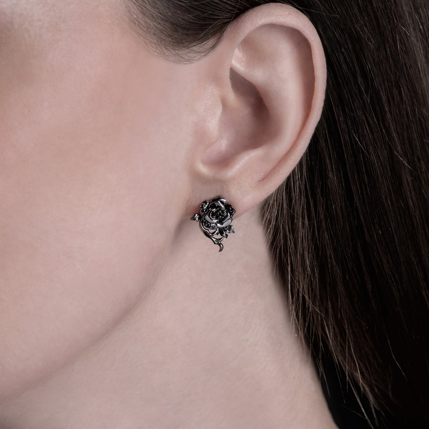 Enchanted Disney Fine Jewelry Black Rhodium Over Sterling Silver with 1/5 CTTW Black Diamonds Maleficent Rose Earrings