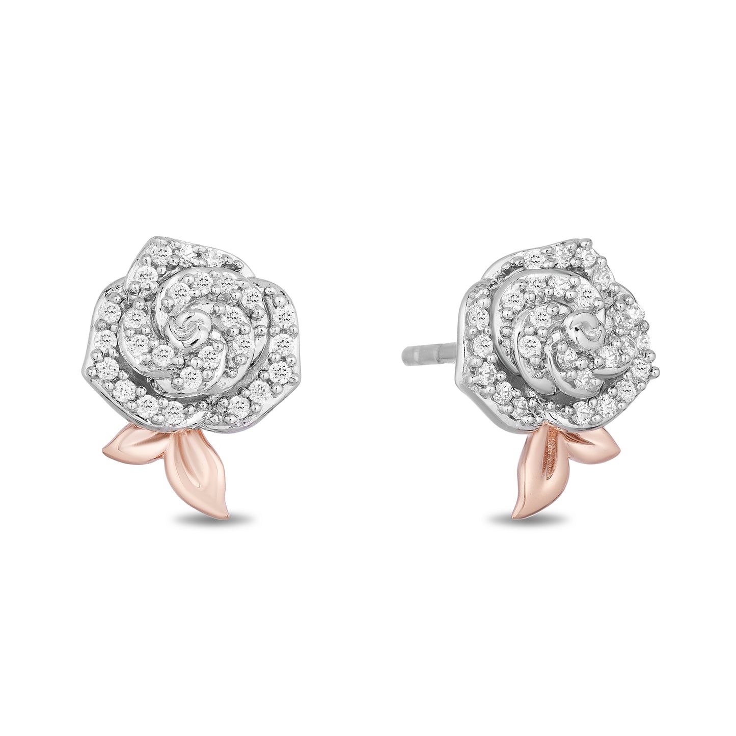 Enchanted Disney Fine Jewelry Sterling Silver and 10K Rose Gold with 1/5 CTTW Diamond Belle Earrings