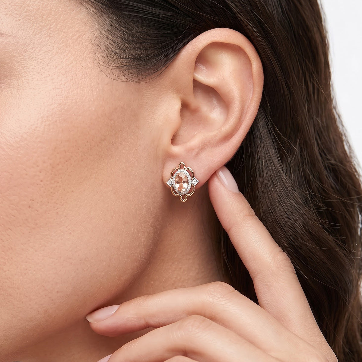 Enchanted Disney Fine Jewelry Sterling Silver and 10K Rose Gold with 1/6 CTTW Diamond and Morganite Aurora Stud Earrings
