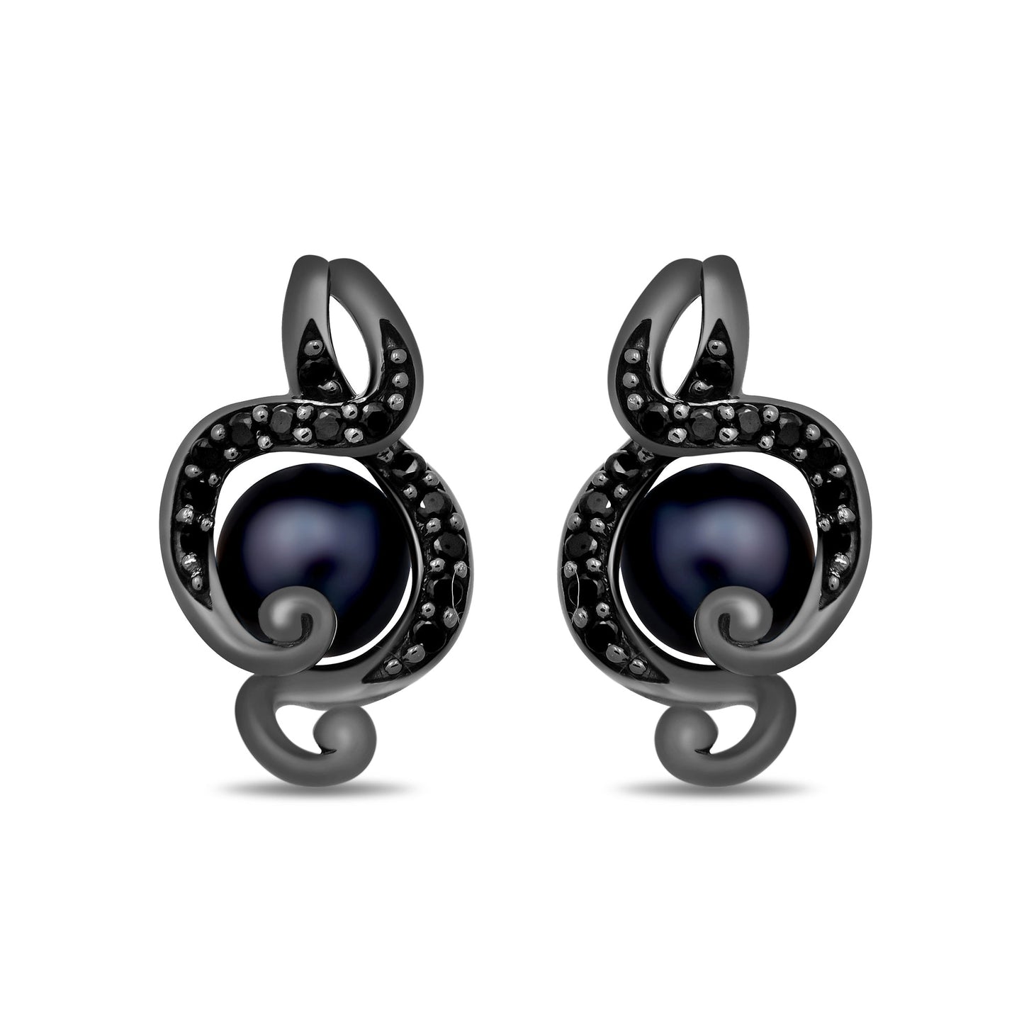Enchanted Disney Fine Jewelry Black Rhodium over Sterling Silver with 1/5 CTTW Black Diamond and Round Pearl Ursula Earrings