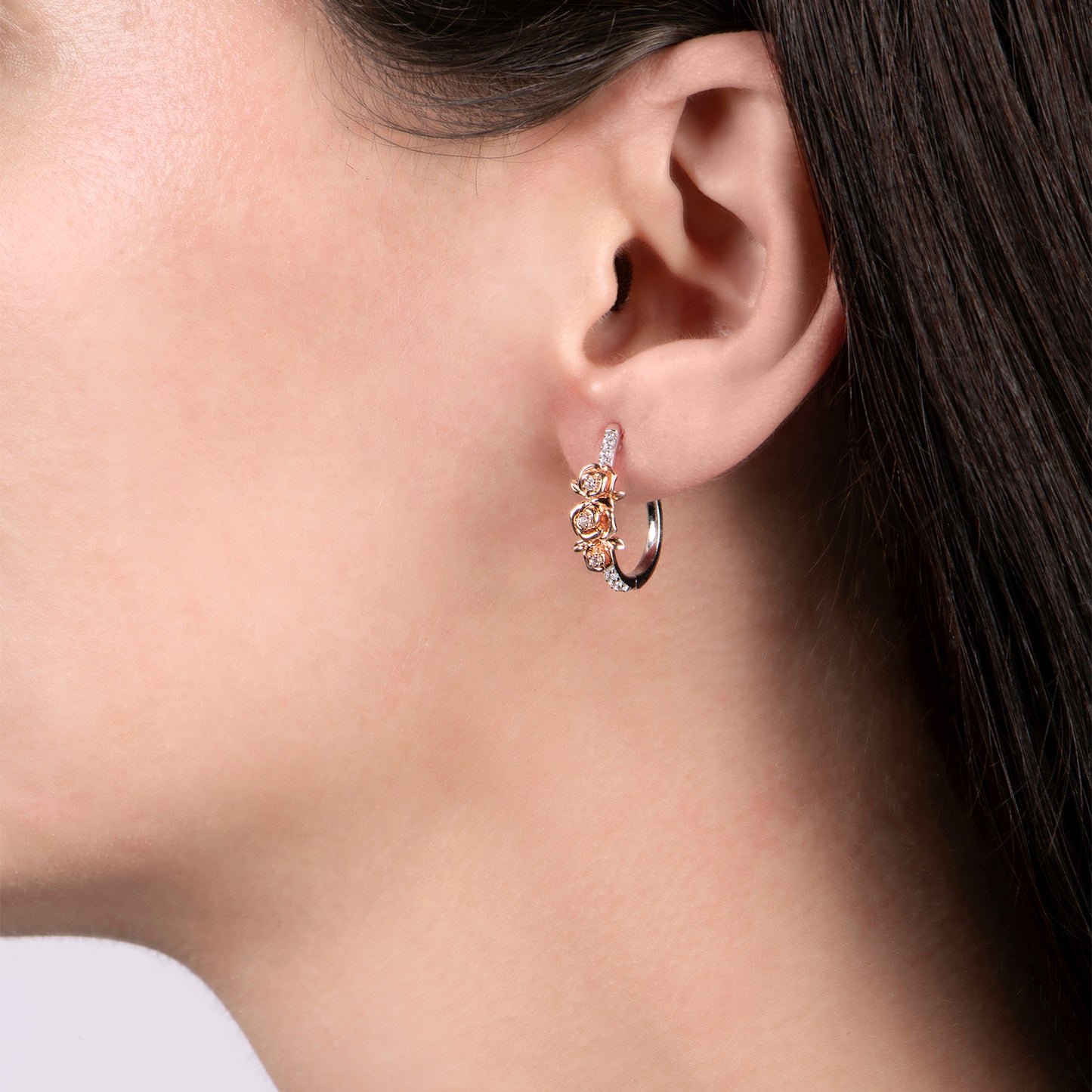 Enchanted Disney Fine Jewelry 10K Rose Gold and Sterling Silver with 1/5 CTTW Diamond Belle"Dozen Roses" Earrings