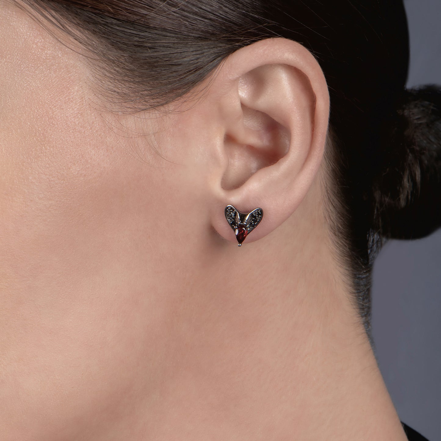 Enchanted Disney Fine Jewelry Black Rhodium over Sterling Silver with 1/8 CTTW Black Diamond and Red Garnet Jafar Stud Earrings