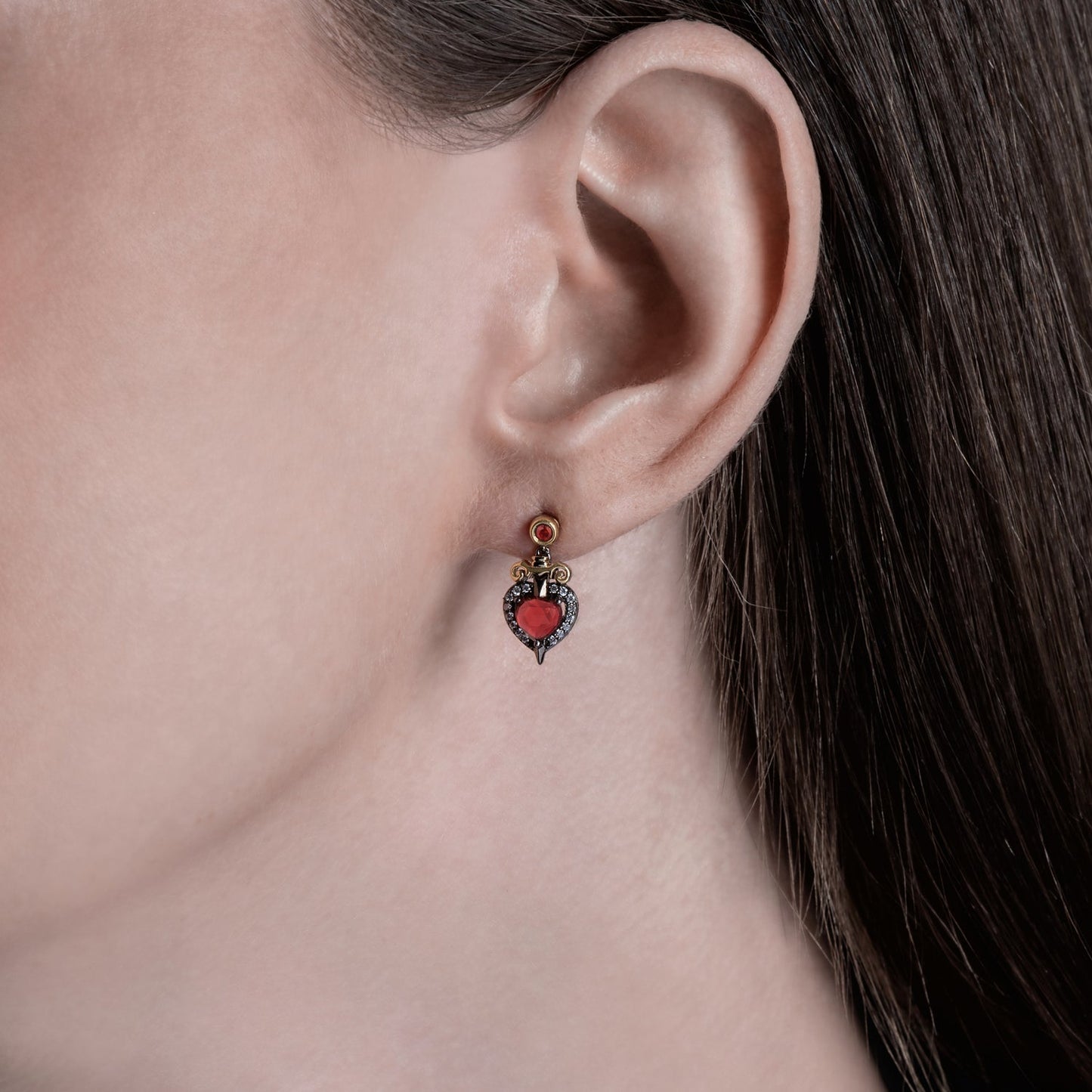 Enchanted Disney Fine Jewelry Black Rhodium Over Sterling Silver and 10K Yellow Gold with 1/8 CTTW Diamond and Red Garnet Evil Queen Earrings