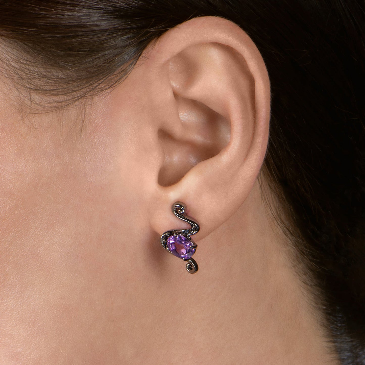 Enchanted Disney Fine Jewelry Black Rhodium over Sterling Silver with 1/10 CTTW Black Diamond and Amethyst Ursula Earrings