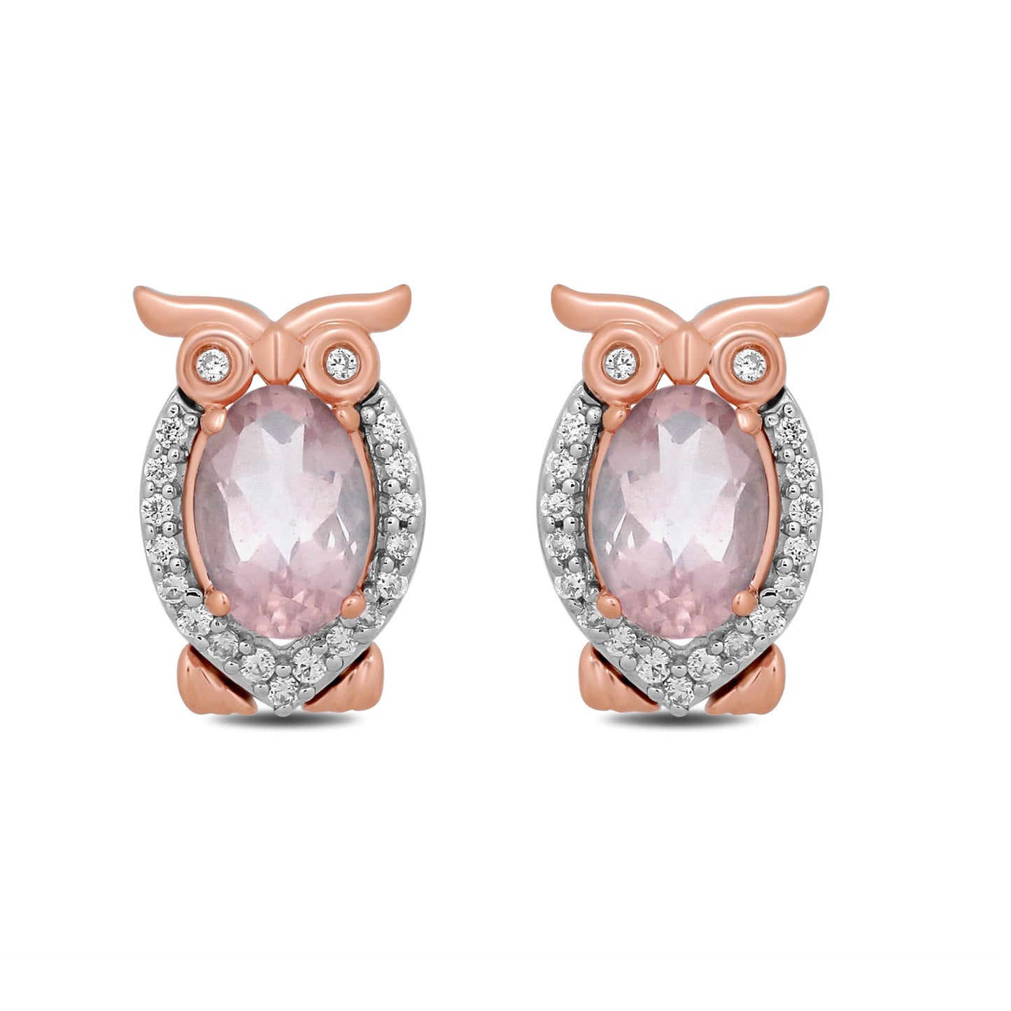 Enchanted Disney Fine Jewelry Sterling Silver and 10K Rose Gold with 1/10 CTTW Diamond and Pink Quartz Aurora Owl Stud Earrings