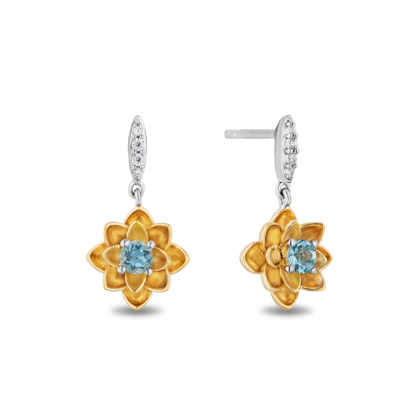 Enchanted Disney Fine Jewelry 14K Yellow Gold over Sterling Silver with 1/20 CTTW Diamonds and Swiss Blue Topaz Jasmine Earrings