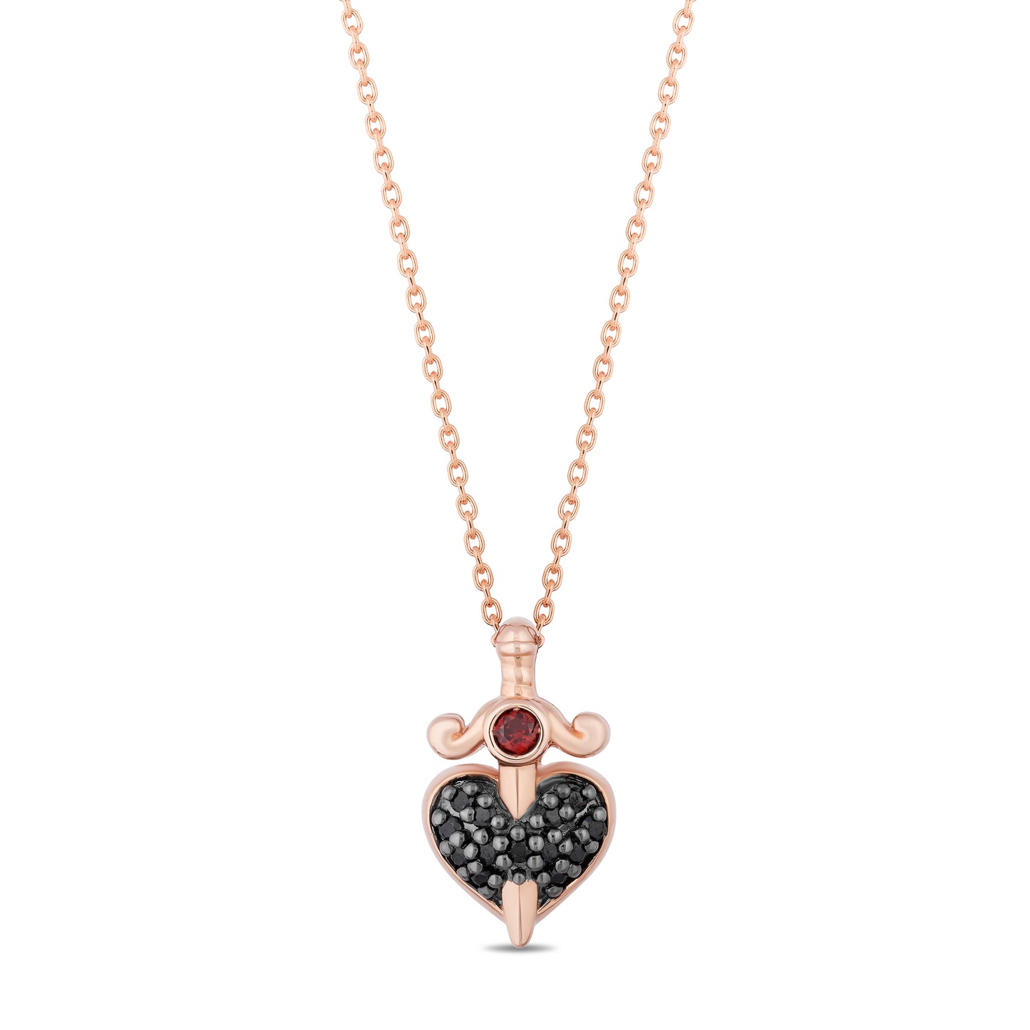 Enchanted Disney Fine Jewelry 10K Rose Gold with 1/10 CTTW Diamonds and Garnet Evil Queen Heart Pendant Necklace