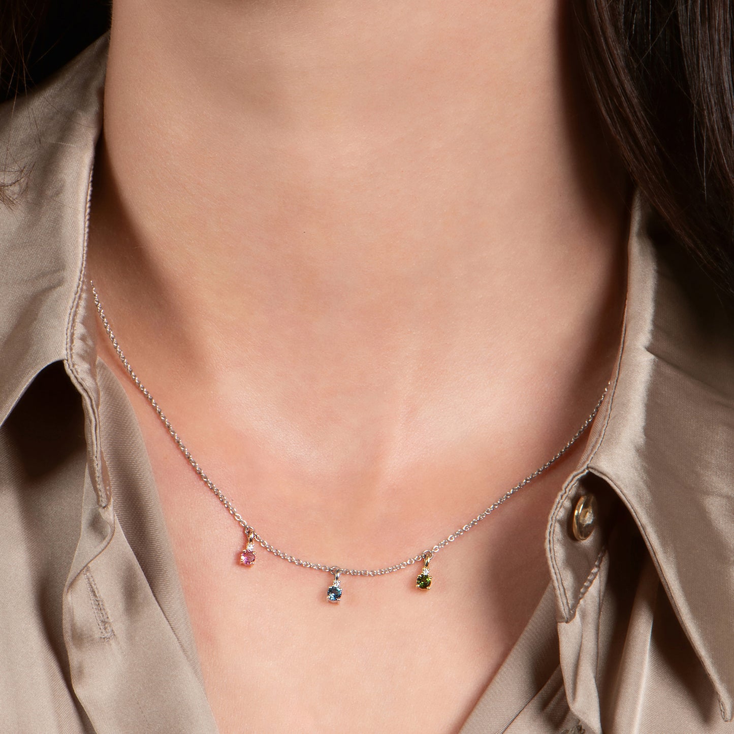 Enchanted Disney Fine Jewelry Sterling Silver and 10K Rose Gold and Yellow Gold Diamond Accent with London Blue Topaz and Pink & Green Tourmaline Aurora Fairy God Mother Necklace