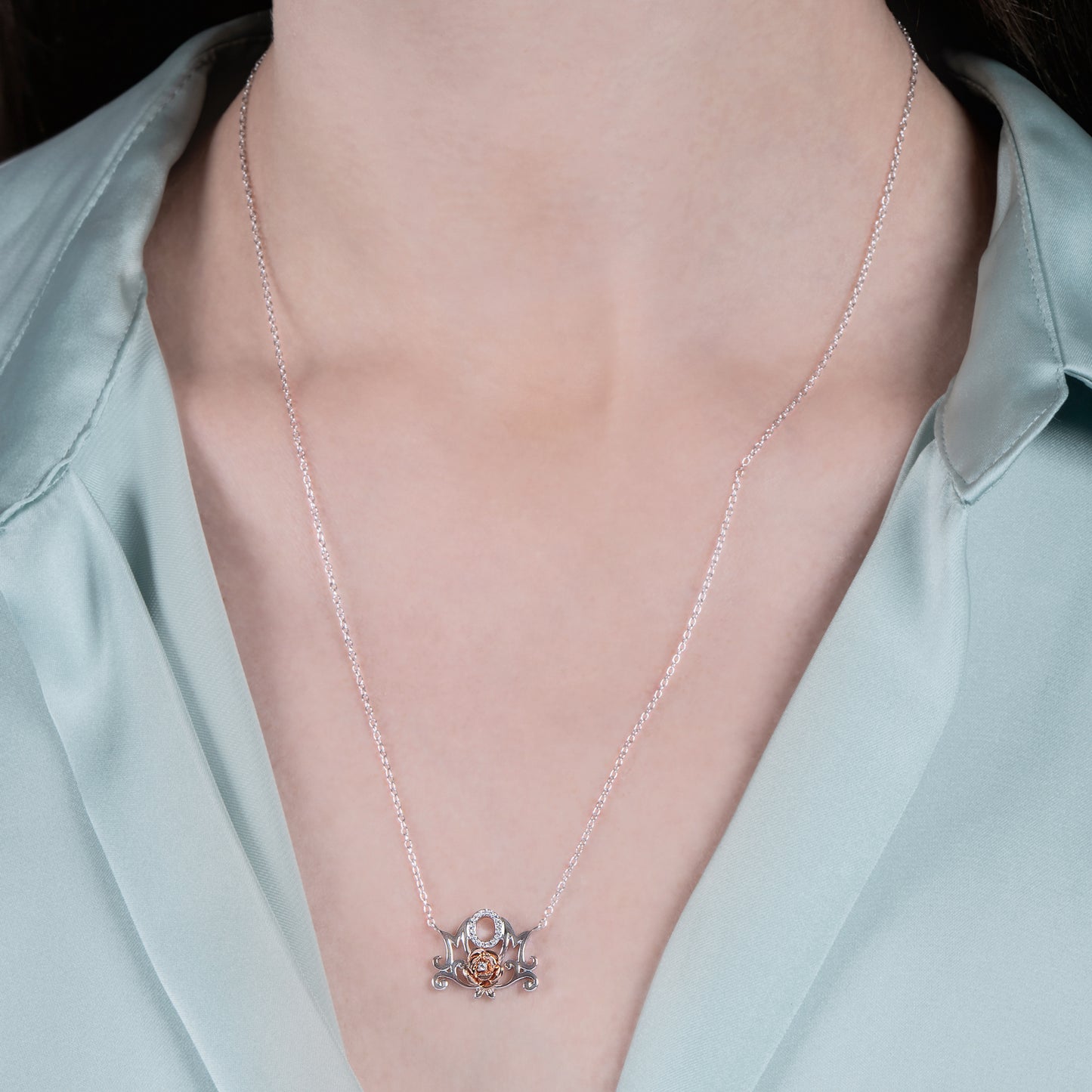 Enchanted Disney Fine Jewelry Sterling Silver and 10K Rose Gold with 1/20 CTTW Diamond Belle Mom Necklace