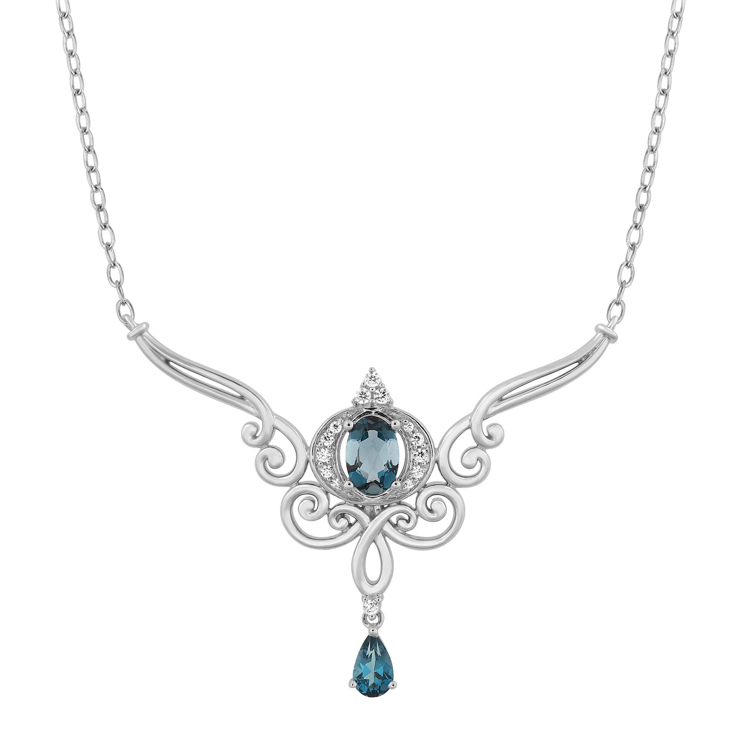 Enchanted Disney Fine Jewelry Sterling Silver with 1/20 CTTW Diamonds and London Blue Topaz Cinderella Necklace