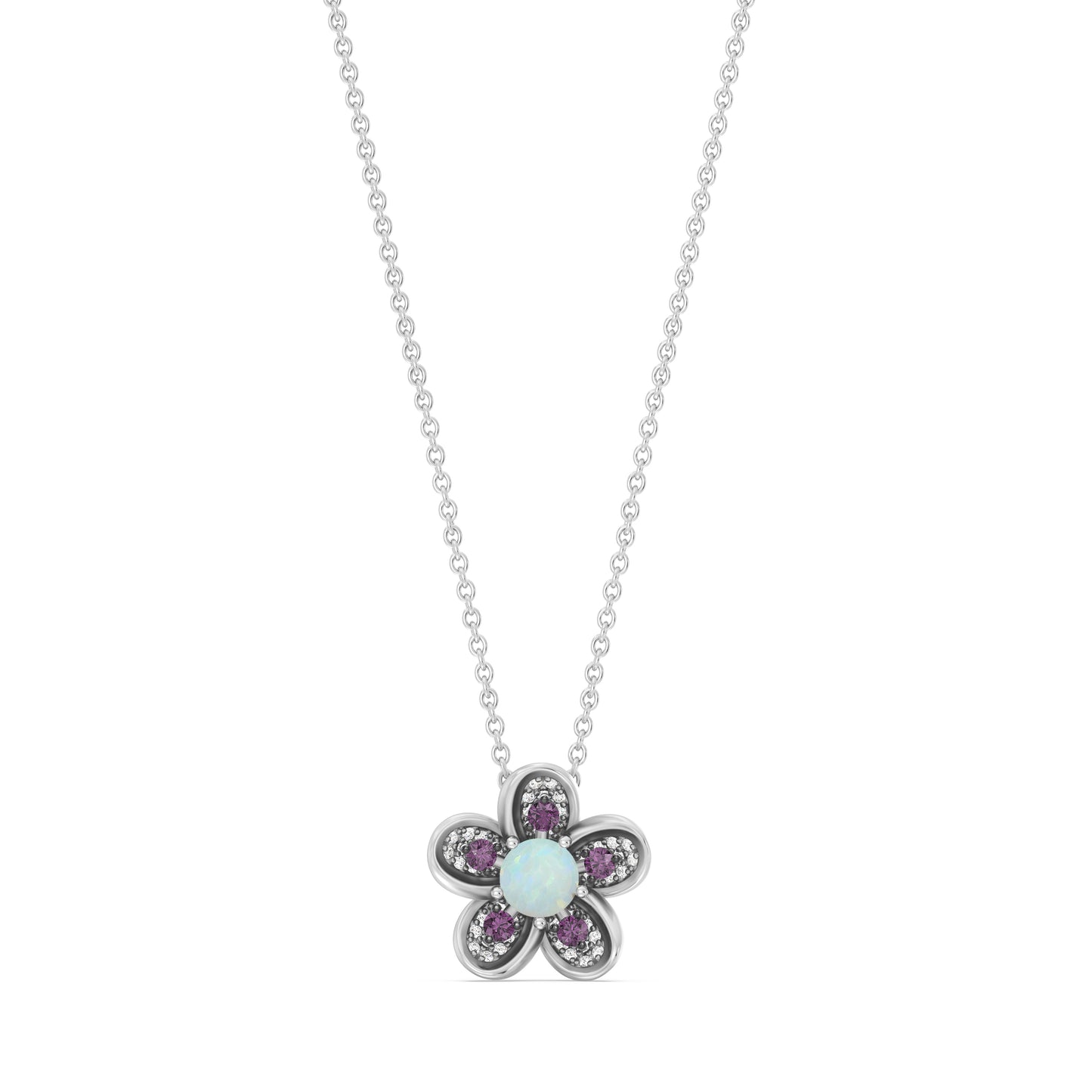 Enchanted Disney Fine Jewelry Black Rhodium over Sterling Silver with 1/6 CTTW Diamonds Opal and Rhodolite Garnet Mulan Necklace