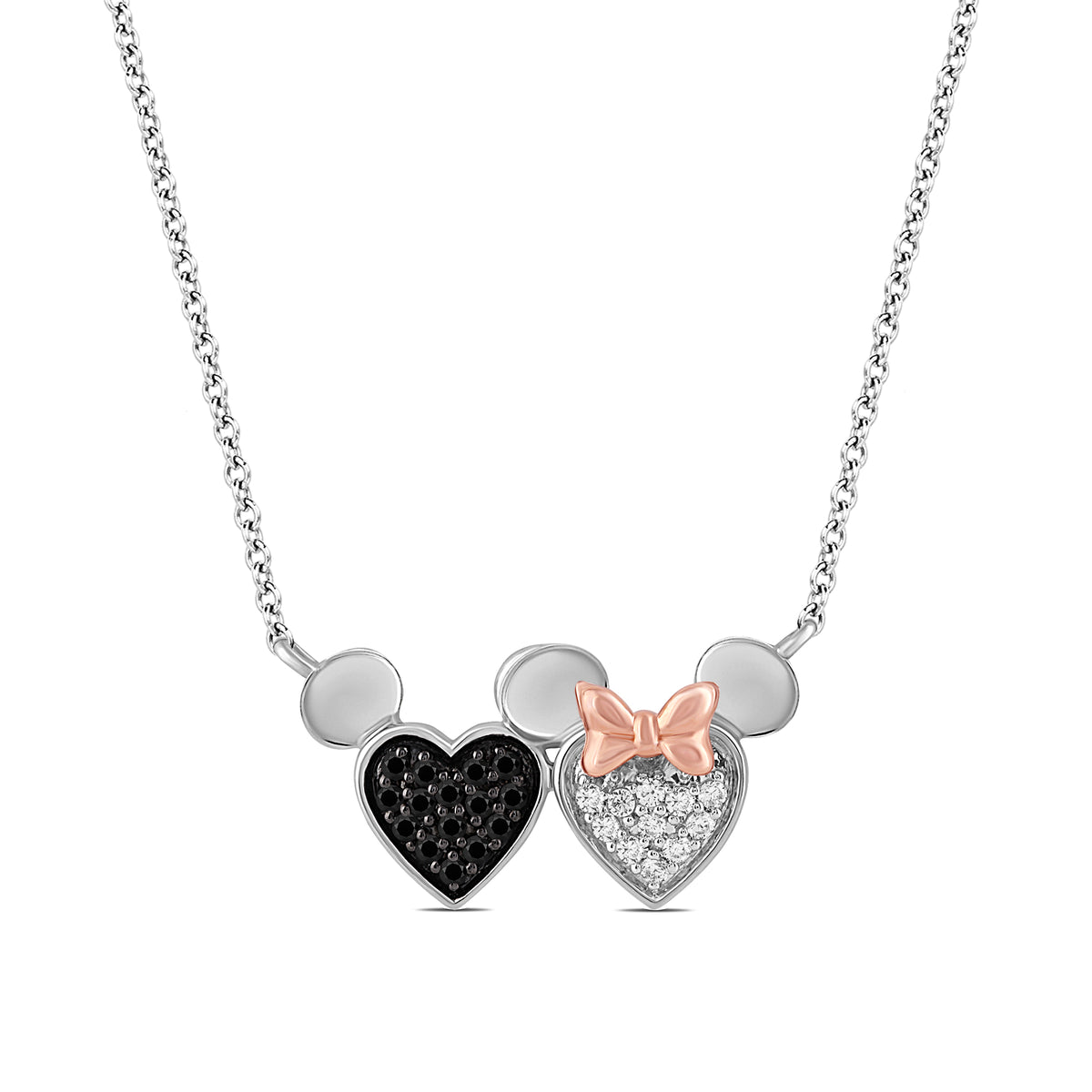 Disney Jewels 14K Rose Gold and Black Rhodium over Sterling Silver with 1/5 CTTW Black and White Diamonds, Disney's Mickey Mouse and Minnie Mouse Heart Necklace