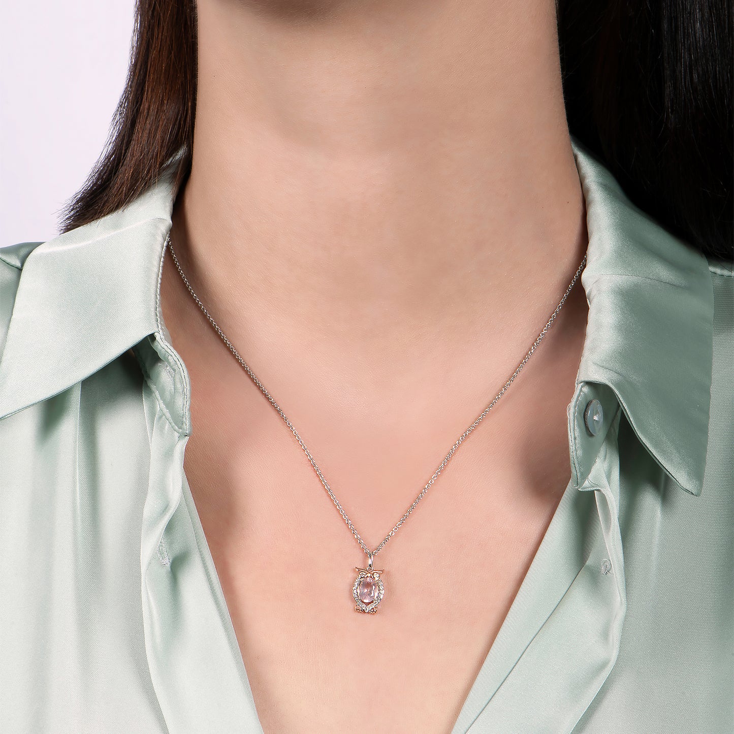 Enchanted Disney Fine Jewelry Sterling Silver and 10K Rose Gold with 1/10 CTTW Diamond and Pink Quartz Aurora Owl Pendant Necklace