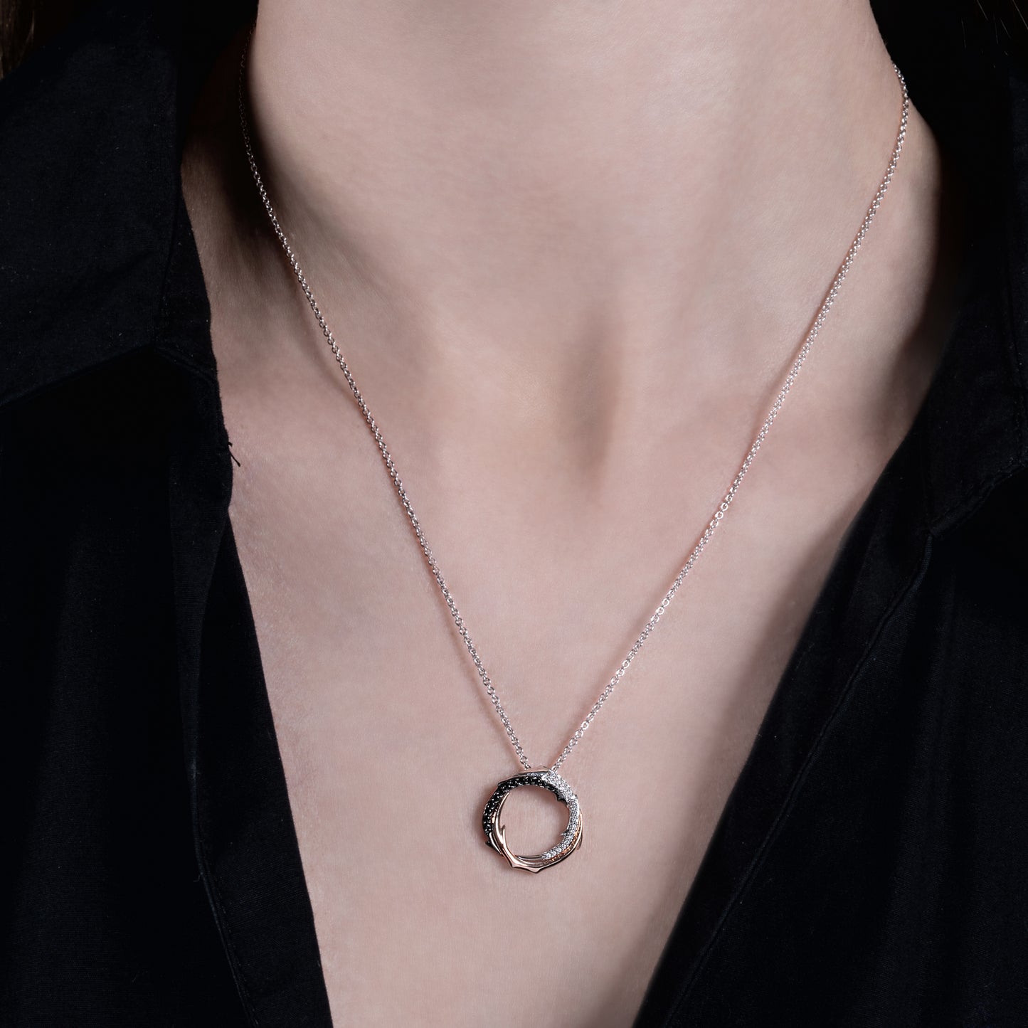 Enchanted Disney Fine Jewelry Black Rhodium Over Sterling Silver and 10K Rose Gold with 1/6 CTTW Black and White Diamond Maleficent Pendant Necklace