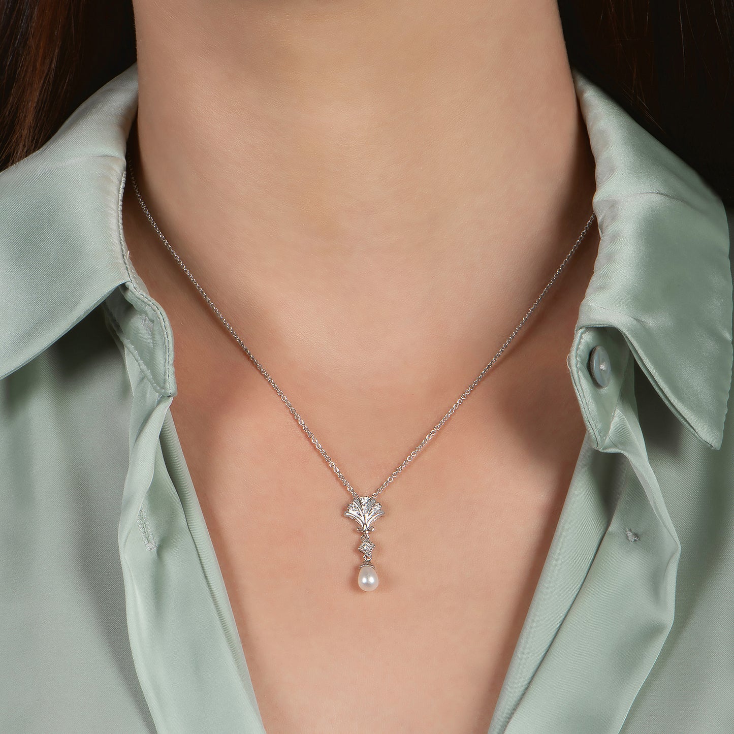 Enchanted Disney Fine Jewelry Sterling Silver with 1/10 CTTW Diamond and Pearl Ariel Pendant Necklace