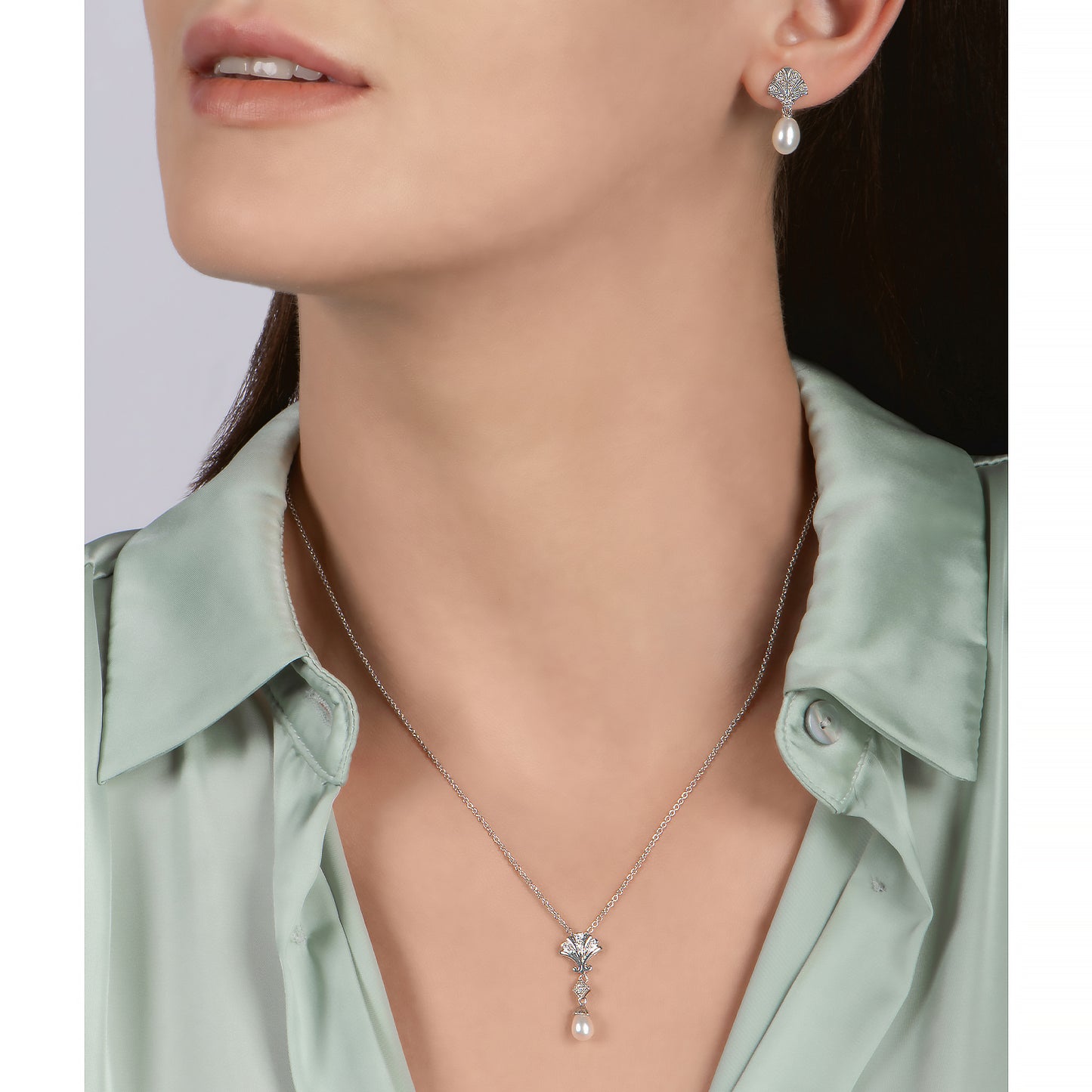 Enchanted Disney Fine Jewelry Sterling Silver with 1/10 CTTW Diamond and White Pearl Ariel Shell Fashion Earrings