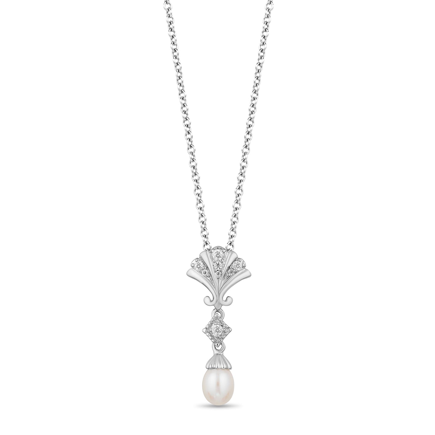 Enchanted Disney Fine Jewelry Sterling Silver with 1/10 CTTW Diamond and Pearl Ariel Pendant Necklace