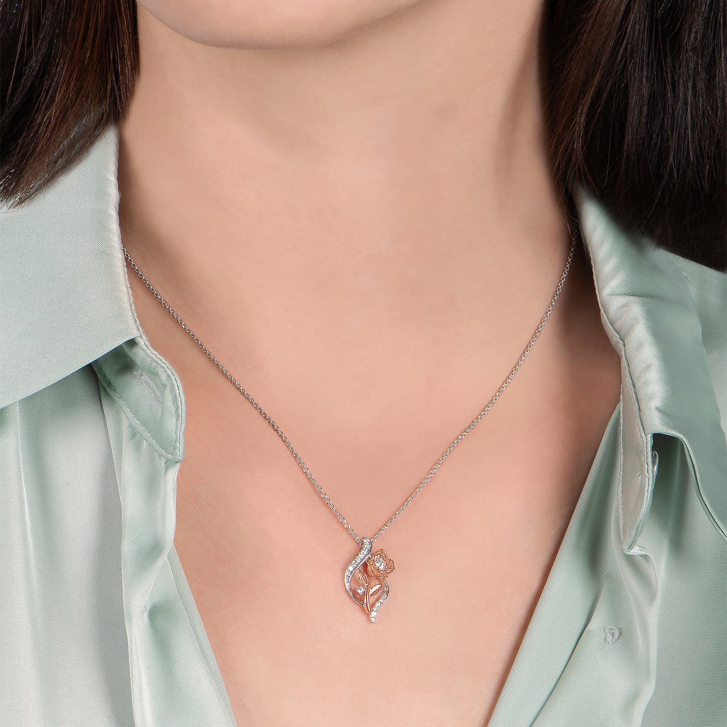 Enchanted Disney Fine Jewelry 14K Rose Gold Over Sterling Silver 1/5 CTTW Belle Rose Pendant Necklace