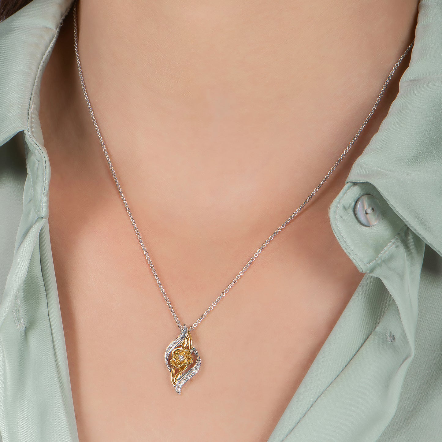 Enchanted Disney Fine Jewelry 14K Yellow Gold Over Sterling Silver 1/10 CTTW Belle Rose Pendant Necklace