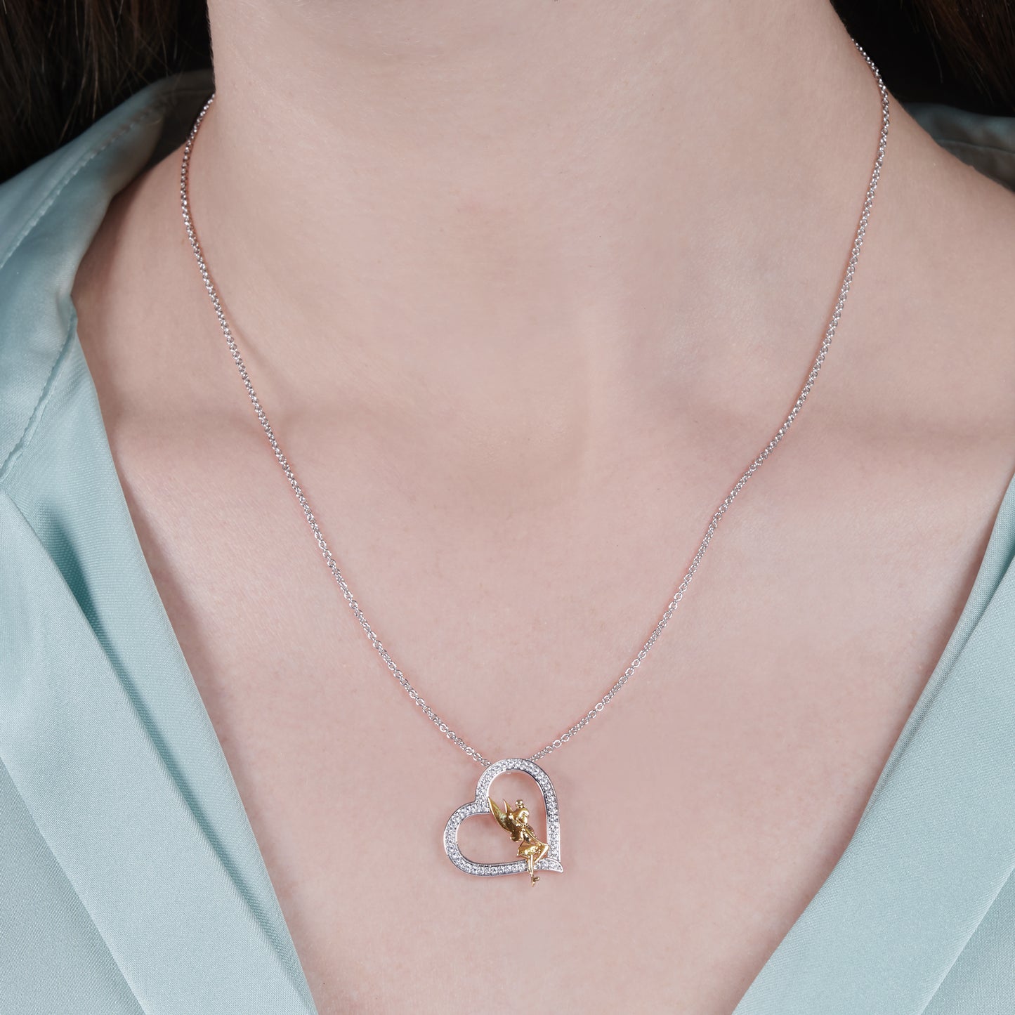 Enchanted Disney Fine Jewelry Sterling Silver and 10K Yellow Gold with 1/5 CTTW Tinker Bell Pendant Necklace
