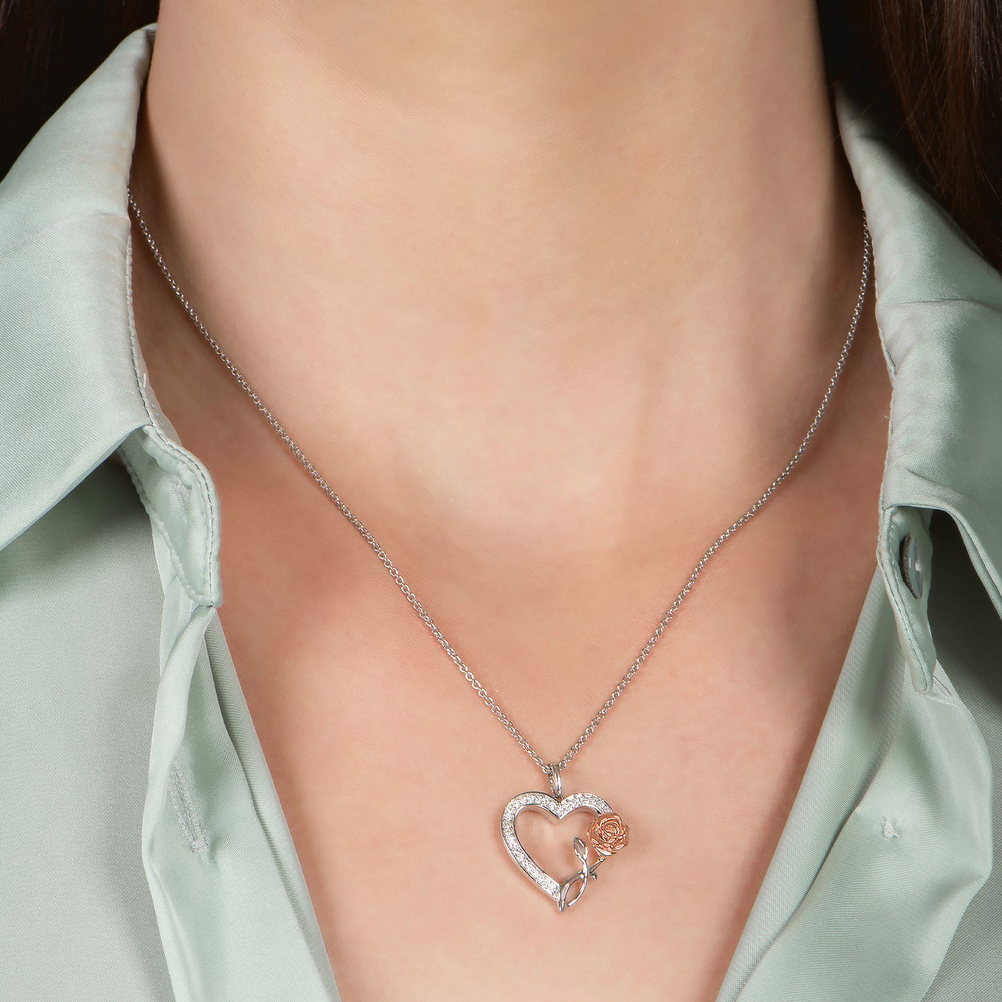 Enchanted Disney Fine Jewelry Sterling Silver and 10K Rose Gold with 1/6 CTTW Diamonds Belle Rose with Heart Pendant Necklace