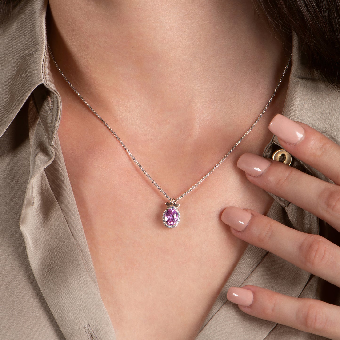 Enchanted Disney Fine Jewelry 14K Rose Gold over Sterling Silver with Created Pink Sapphire and 1/10 CTTW Diamond Aurora Pendant Necklace
