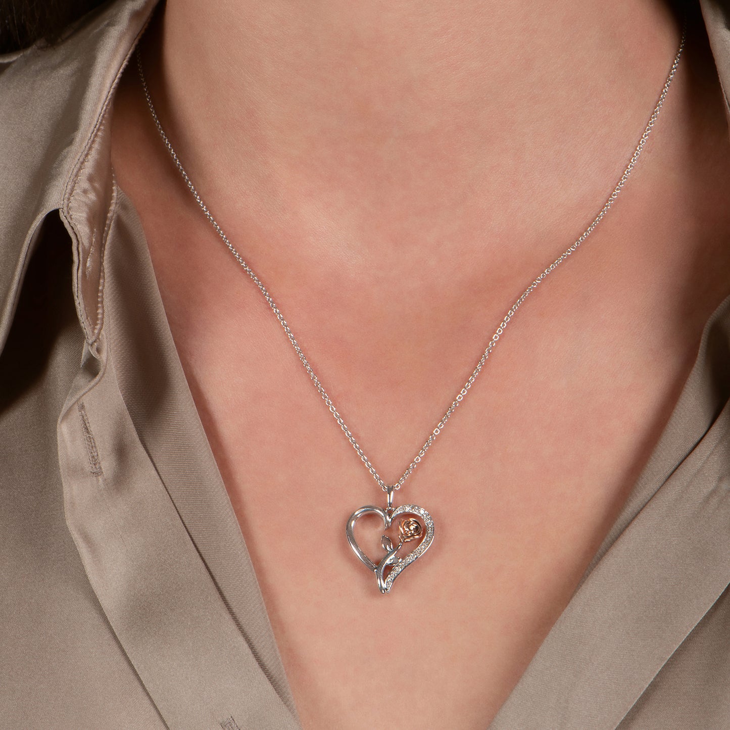 Enchanted Disney Fine Jewelry 14K Rose Gold over Sterling Silver with 1/10 CTTW Belle Rose Fashion Pendant Necklace